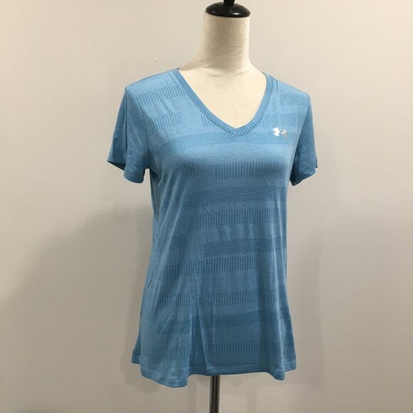 UNDER ARMOUR Short Sleeve Blue V Neck HeatGear Moisture Wick Stretch Shirt Top - Picture 1 of 8